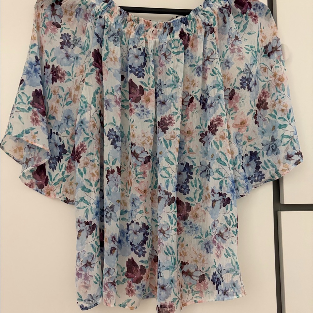 Light Blue Floral Off-Shoulder Blouse with Lavender Accents